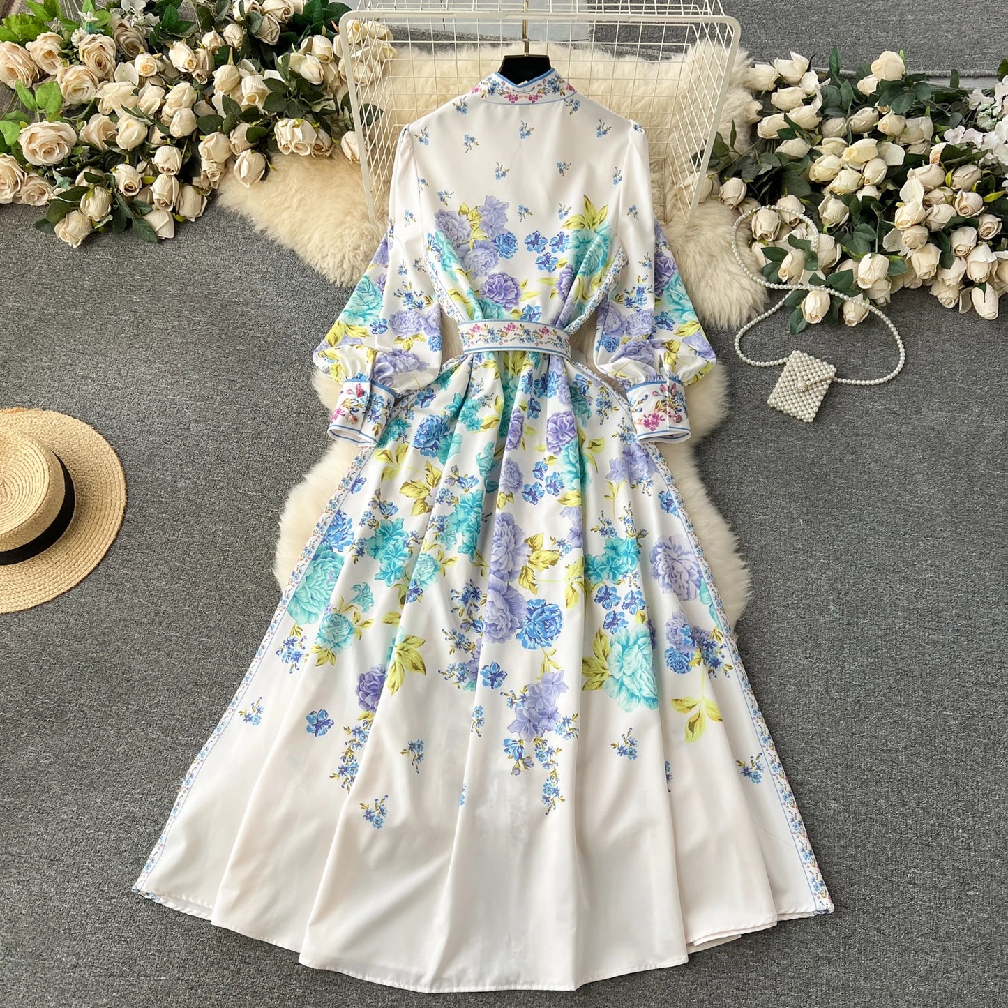 Court Style Spring Women Clothing Print Slim-Fit Long Dress Single-Breasted Puffy Sleeves Office Maxi Dress