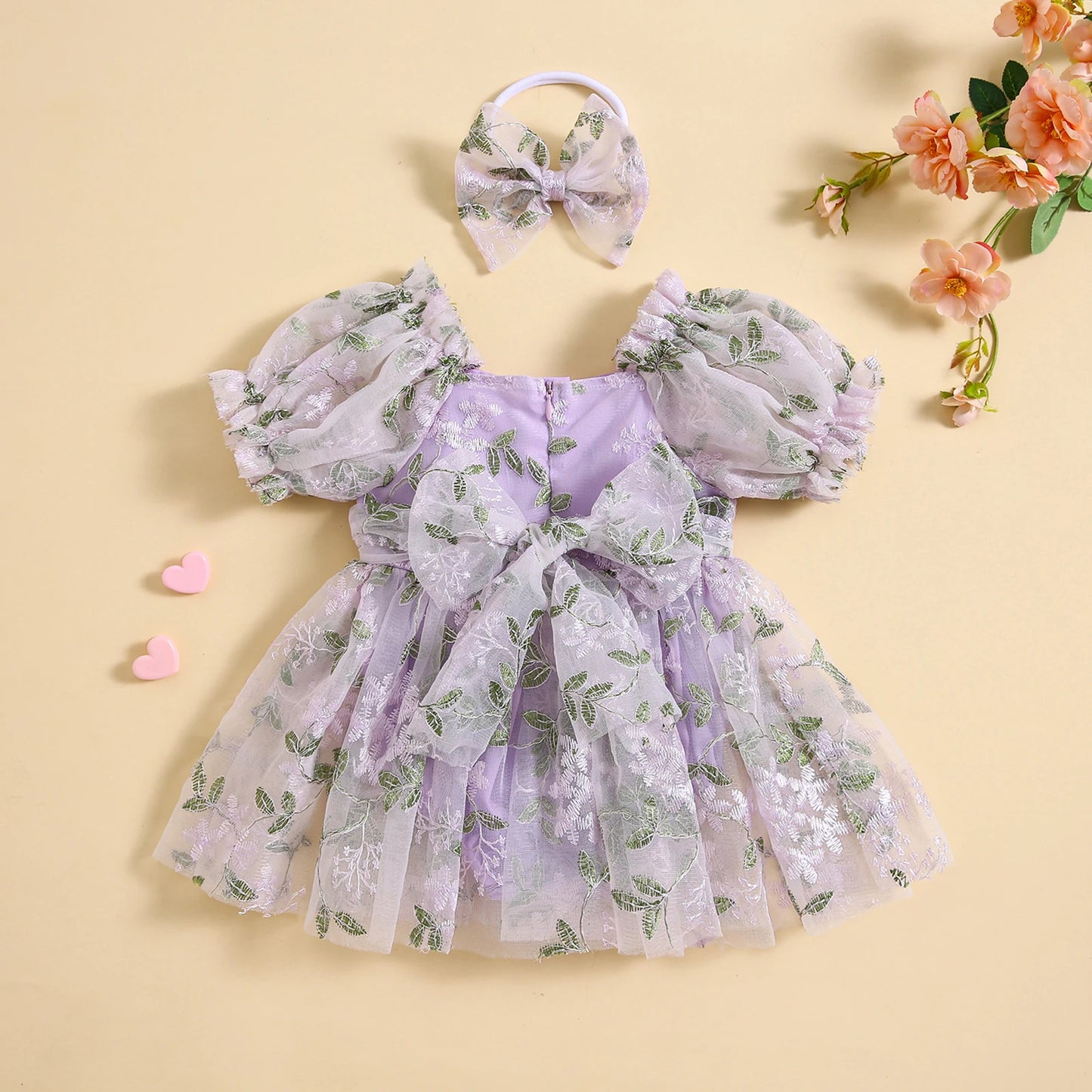 Newborn Baby Girl Puff Sleeve Embroidery Leaves A-line Romper Dress with Bowknot Headband Summer Cute Clothes
