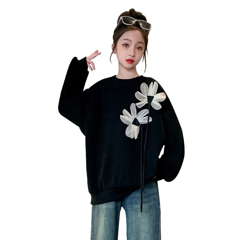 Teen Girls Black Sweatshirt Long Sleeve Tops with Flower Spring Autumn Children Clothes Casual Sweatshirt