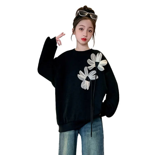 Teen Girls Black Sweatshirt Long Sleeve Tops with Flower Spring Autumn Children Clothes Casual Sweatshirt