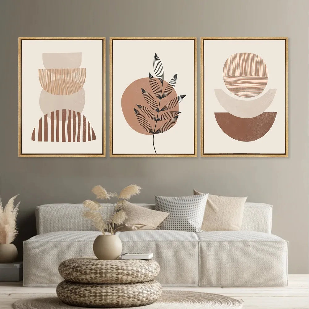 Modern Abstract 3pcs Boho Poster Geometric Plant Leaf Sun Line Canvas Painting Wall Art Print Picture Living Room Interior Decor
