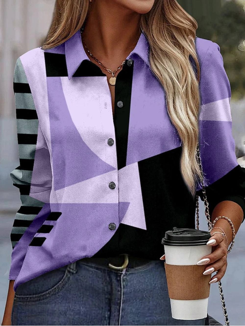 Women's shirts & blouses,Geometric stripe printing Elegant women blouse Long-sleeved Female clothing Tops camisa
