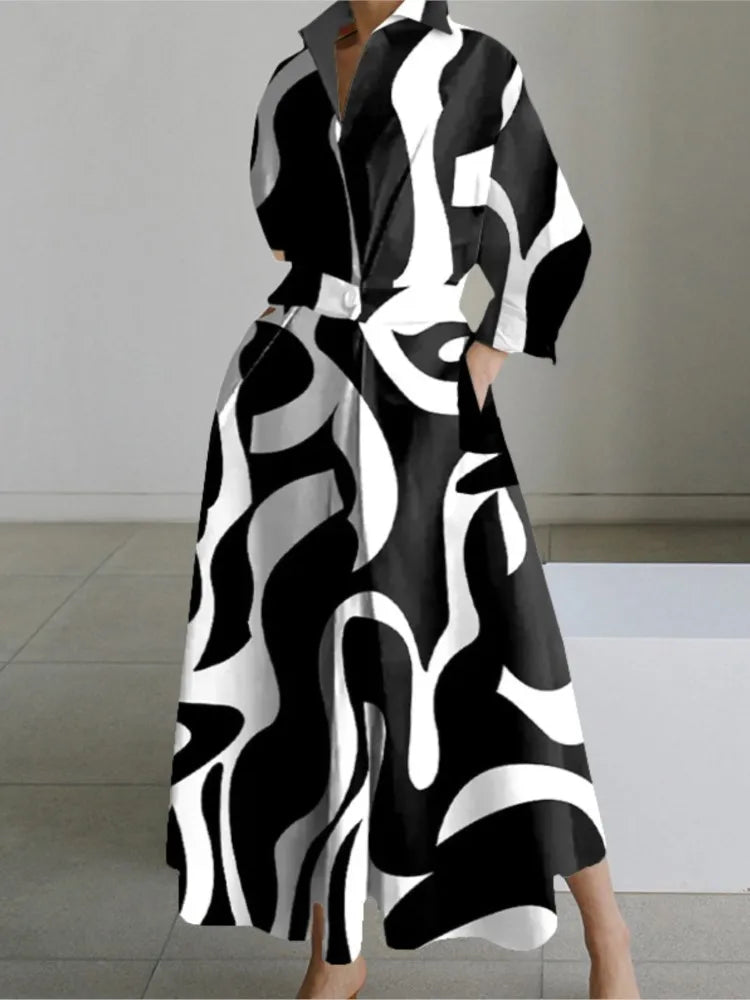 Autumn Turn-down Shirts Midi Dress Long Sleeves , Elegant Pockets Commute