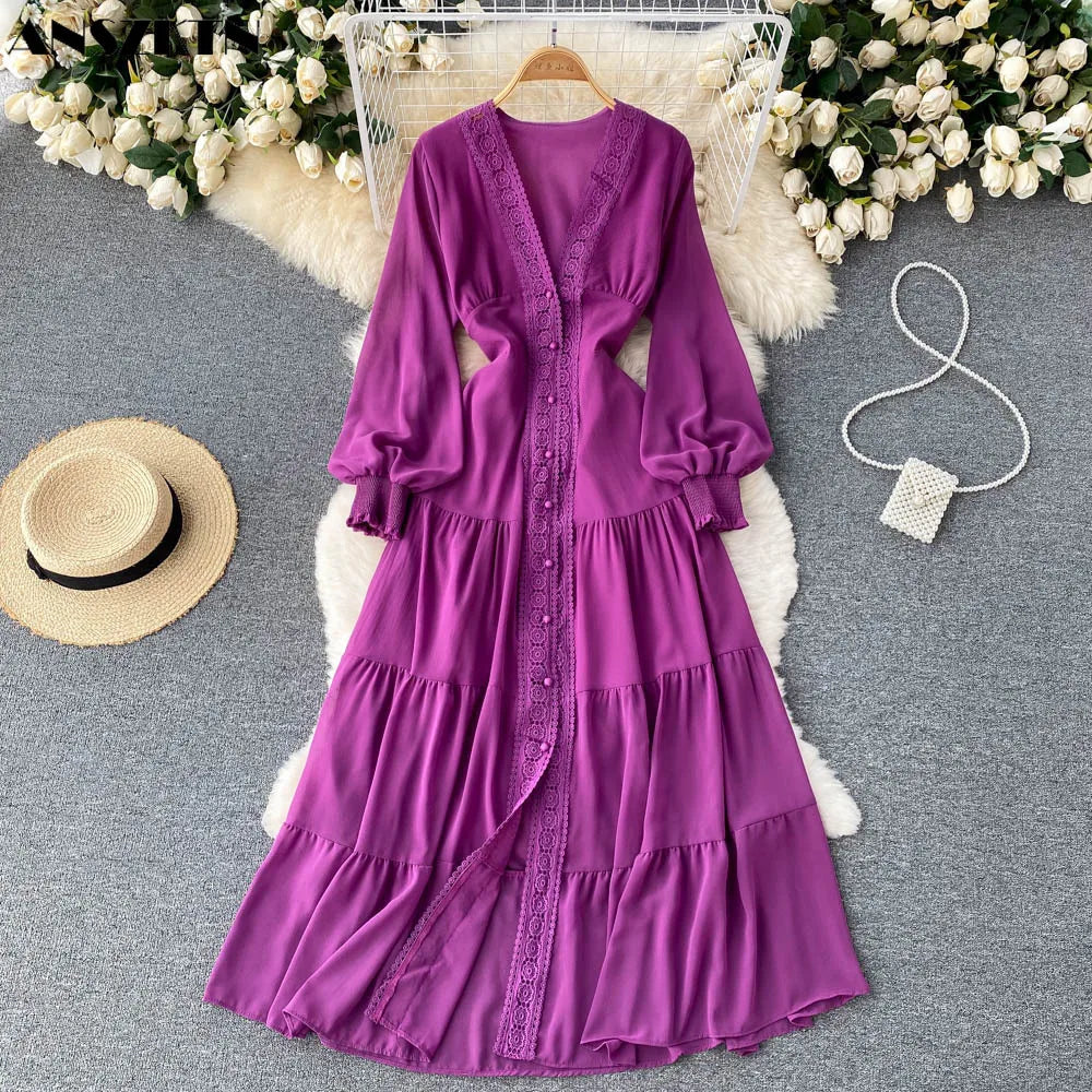 New Lace V-Neck Dress Single Breasted Casual Long Dress long sleeve maxi dress