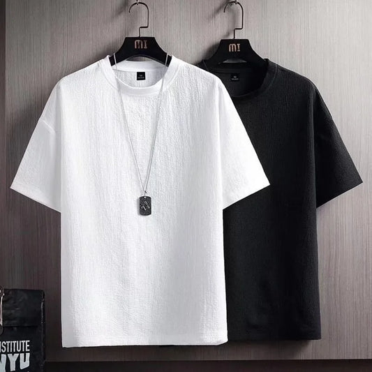 Men's Summer Linen Cotton Short Sleeve T-shirt Solid Loose White Five Point Bottomed Shirt Men Round Neck Tee Tops