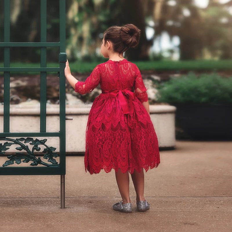 Red Long Sleeve Kids Dresses for Girls Embroidery Elegant Spring Girls Princess Party Dress Flower Lace Children Clothes 3-8 Yrs