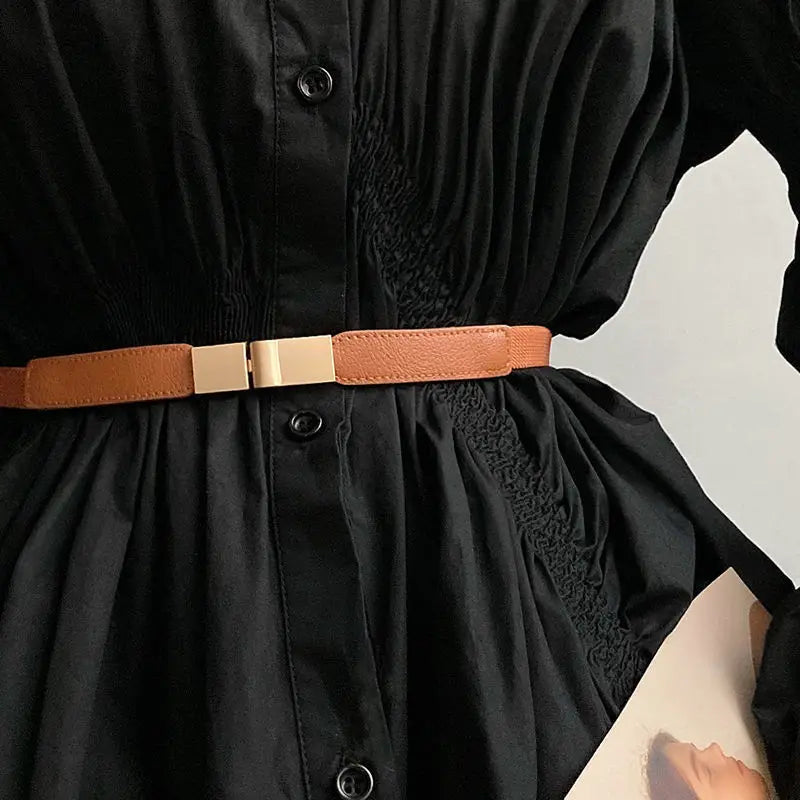 New Elastic Waistband for Women's Decorative Shirt Dress Overcoat Windbreaker Metal Double Button PU Fashion Simple Waist Seal