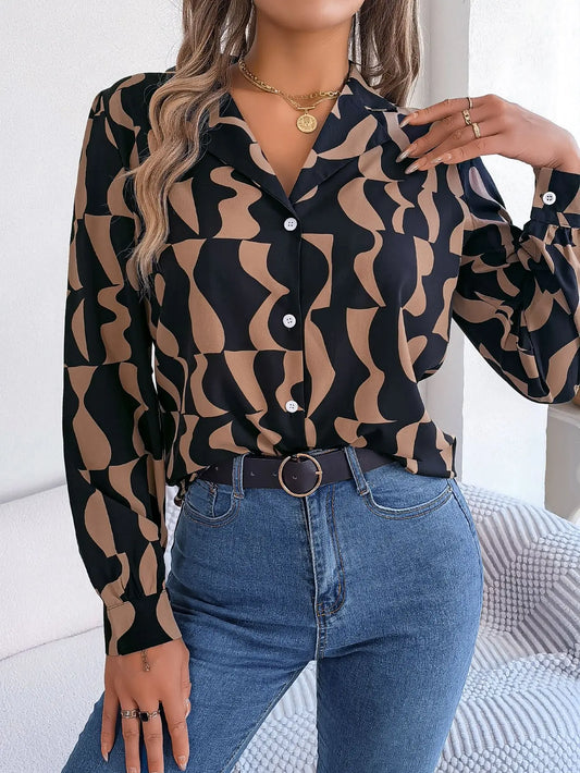 Autumn and Winter Shirts Contrast Stripe Notched Collar Long Sleeve Tops Women Single Breasted Elegant Shirt