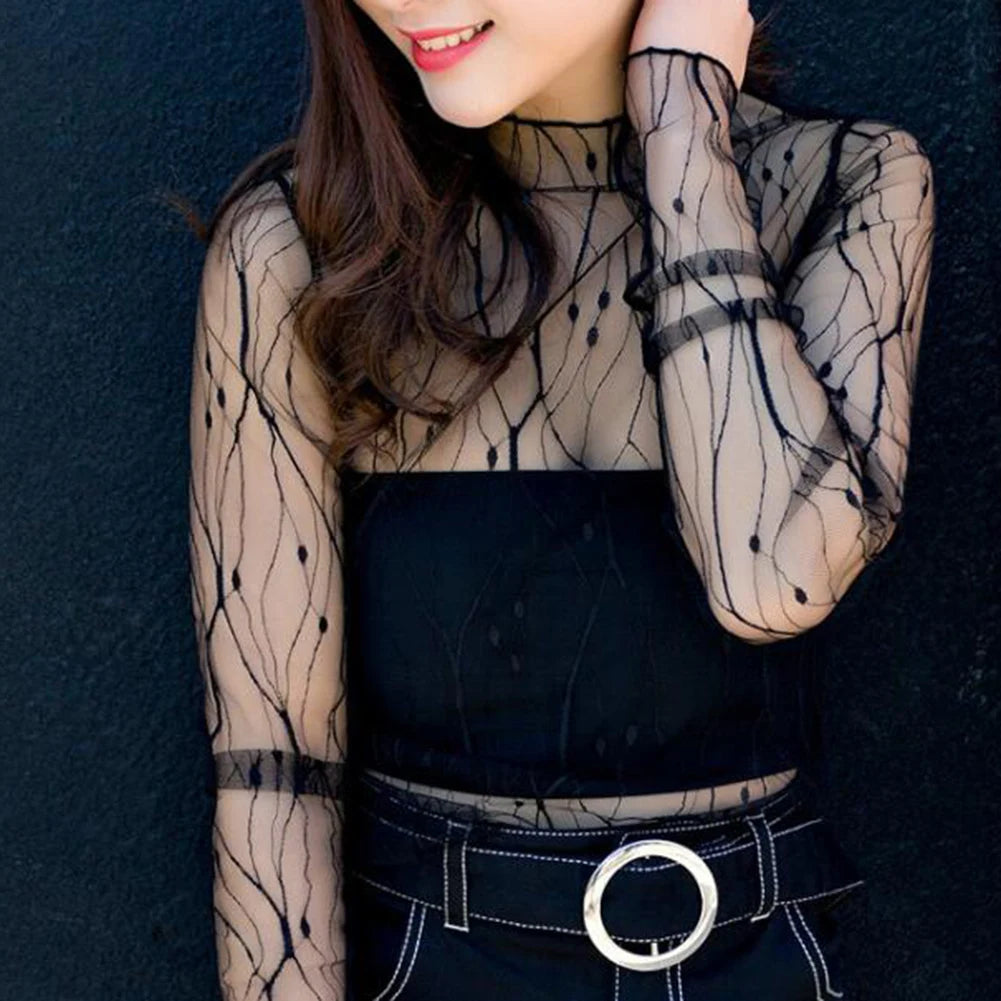 Women Fashion T-Shirts Mesh Sheer Party Long Sleeve Blouses Lady Sheer Fishnet See Through Transparent Top Lace Top Blouse