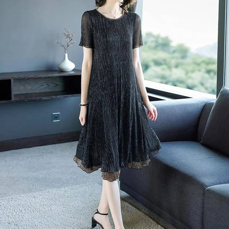 Women's Clothing  O-neck Patchwork Ladies Midi Dress Summer Korean Pullovers Solid Color Short Sleeve New Straight Dresses