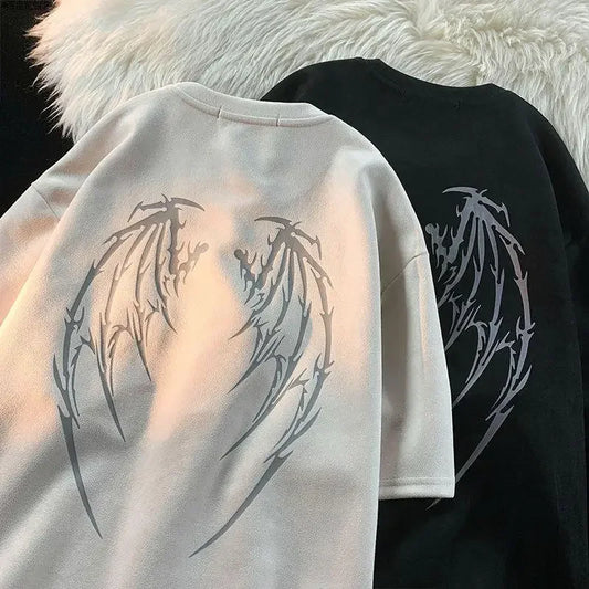 hip hop fried street trend wings printed short sleeved t shirt men and women loose Korean couple short sleeved T-shirt