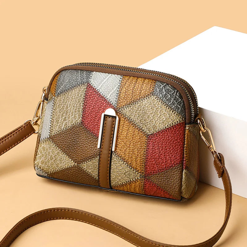 Color Block Shoulder Bags for Women National Style Double Zipper Crossbody Bag Ladies PU Leather Wallet Fashion Handbags