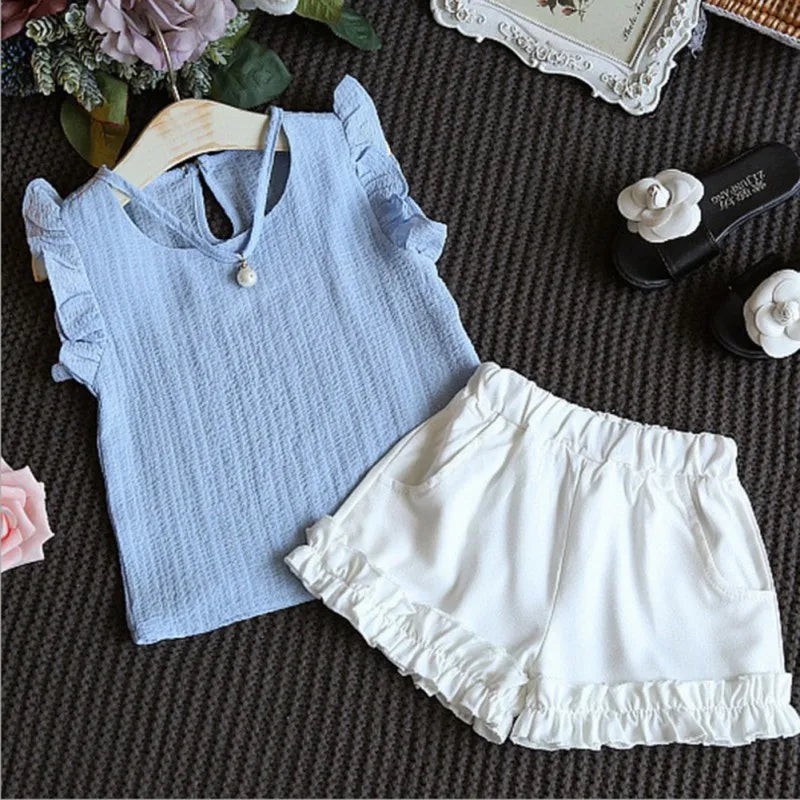 Summer Girls Clothing Sets Pearl Sleeveless Chiffon Vest Tops+Shorts Suits Children Girls Clothes Kids Clothing Sets 2Pcs Suits