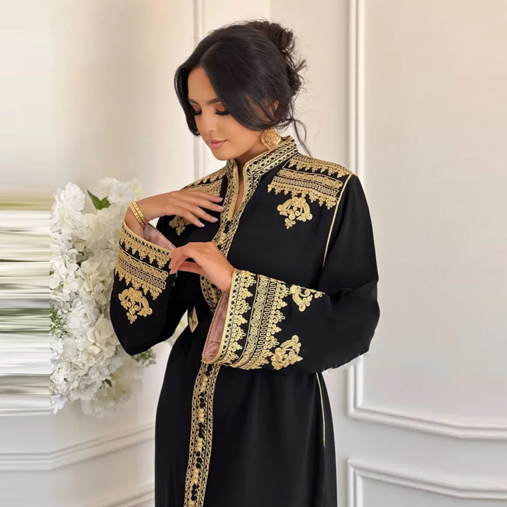 Caftan Women Gold Applique Beaded Stand Collar Abaya For Wedding Party Middle Kaftan Long Sleeves With Belt