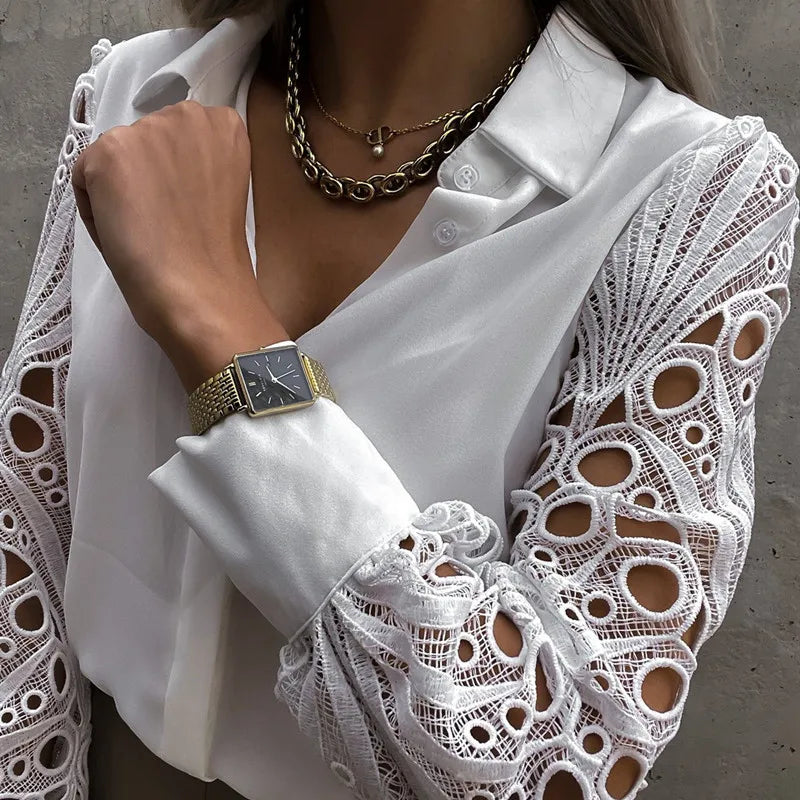 White Lace Patchwork Camisa Top Mujer Spring Summer Casual Long Sleeve Shirts For Women Vintage Hollow Out Button Blouses