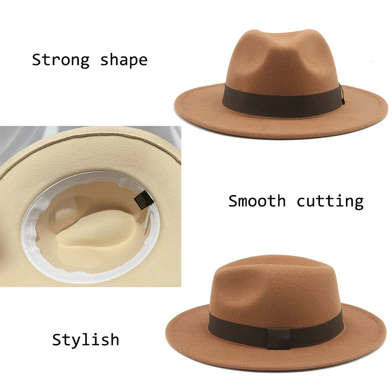 Hat  Winter Hats for Women Ribbon Band Men's Hat Wide Brim Classic Beige Wedding Cap chapeau femme unisex