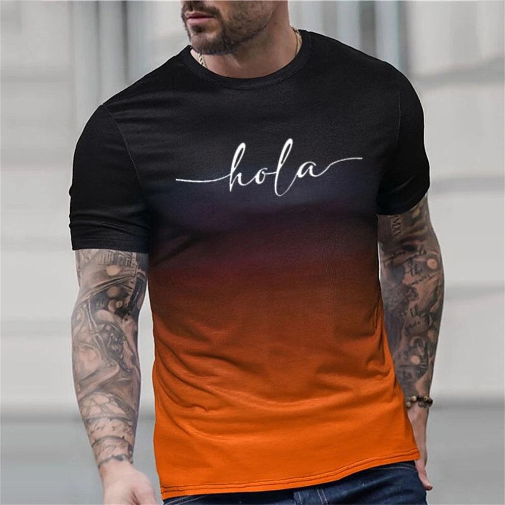 Fashion Letter Printed T Shirt For Men Contrast Gradient Harajuku Short Sleeve Tee Tops Leisure Crew Neck Men's Casual T-shirts