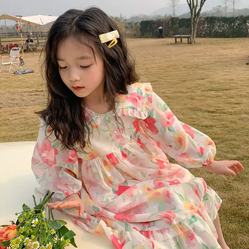 Soft Chiffon Floral Girls Dresses Mother Kids Clothes Casual Long Dress for Toddler Flowers Gilrs Wedding Dresses for Baby Girls