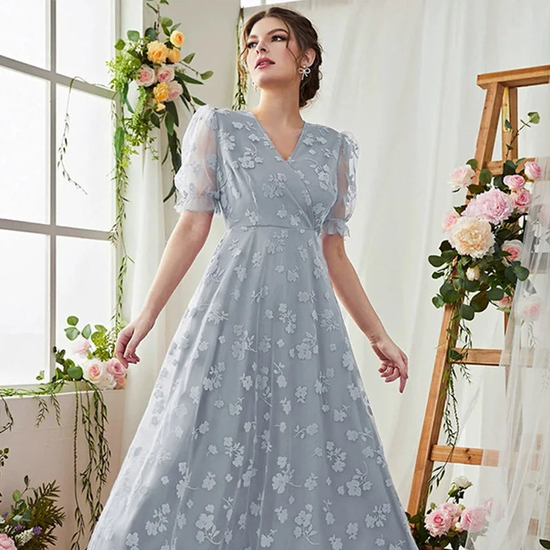 Women Casual Elegant Maxi Dresses  New Summer V-Neck Puff Sleeve Mesh Slim Printed Swing Turkish Evening Party Robe