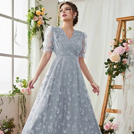 Women Casual Elegant Maxi Dresses  New Summer V-Neck Puff Sleeve Mesh Slim Printed Swing Turkish Evening Party Robe