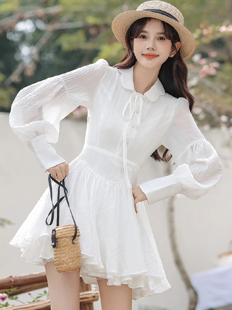 Spring Summer White Chiffon Bow Polo Collar Mini Dress 2024 New Elegant Bodycon Ruffled Dress Women Korean Casual Party Vestidos