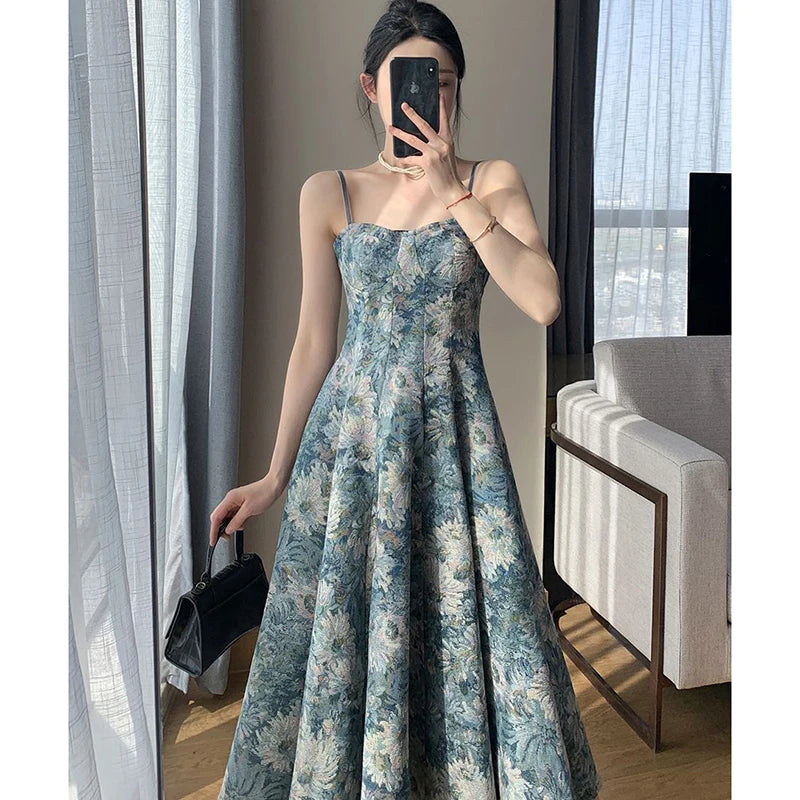 Elegant Floral Dress Women Sexy Sleeveless Strap Midi Dress Korean Casual Slimming Waist Party Camisole Dress Summer New