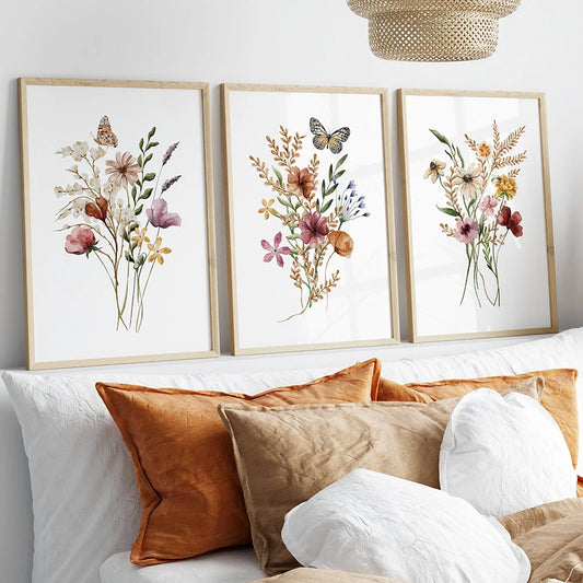 Watercolor Flower Butterfly Botanical Canvas Painting Prints Wildflower Bouquet Floral Poster Wall Art Picture Living Room Decor