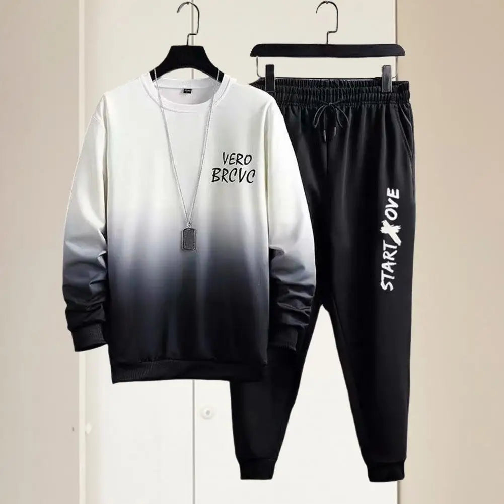 Men Suit with Long Sleeve Top Men Two-piece Suit Elastic Waist Pants Men's Gradient Contrast Color Tracksuit Set for Hop Sports