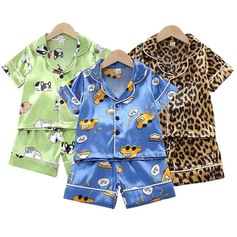 Kids Ice Silk Pajama Set Summer Baby Boys Silk Satin Cardigan Short Sleeve+Shorts 2Pcs Sets Children Casual Home Sleepwear