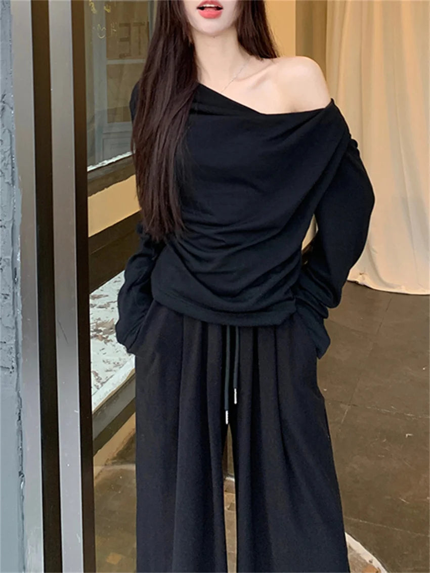 Off Shoulders Sweaters Women Chic Loose Wide Leg Pants Suits Elegant