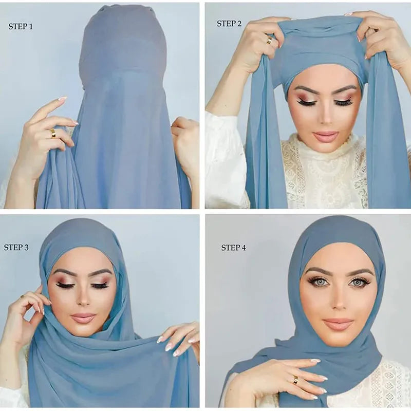 Instant Underscarf Plain Chiffon Hijab With Inner Jersey Moadal Caps Long Scarf Matching Undercap Set