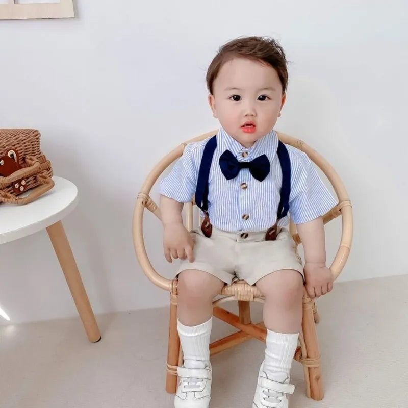 Summer Romper Clothes Set For Baby Boy With Bow Hat Gentleman Striped Suit Boys Children's Shirt Short Sleeve Shorts 2 Piece