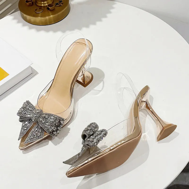 Fashion Crystal Sequined Bowknot Women Pumps Sexy Pointed Toe High Heels Wedding party  Prom Shoes Ladies PVC Transparent Sandals