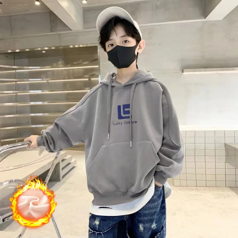 Winter Boys Warm Loose Fleece Lined Sweatshirt Jackets School Kids Track Pullover Coat Tops Children Workout Jumper