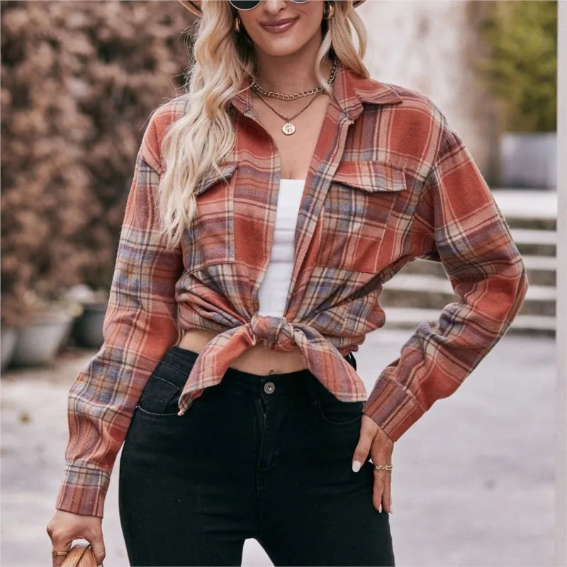 Leisure Fashion Loose Plaid Shirt Spring /Autumn Pocket Office Blouse Ropa Femenina Vintage Camisas  Blouses De  Tops Women