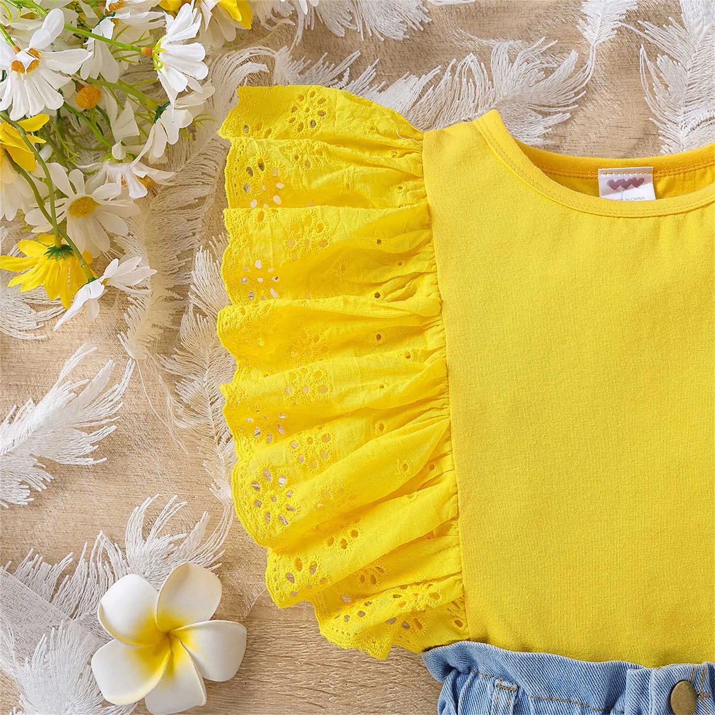 Kids Girls Clothes Set Summer Solid Cotton Ruffle Sleeveless Vest Jeans Shorts Outfits Children Clothing Girl 5 6 7 8 9 10 Years toddlers