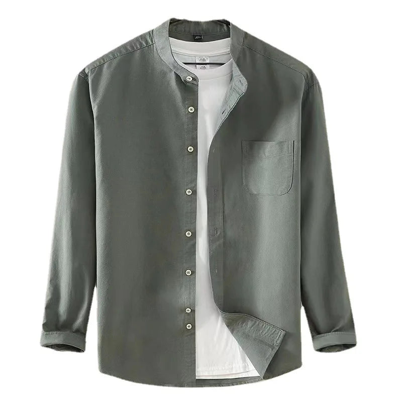Spring and Autumn New Pure Cotton Stand Collar Oxford Spun Long Sleeve Shirt Japanese Casual No-Iron Fashion Men's Clothing