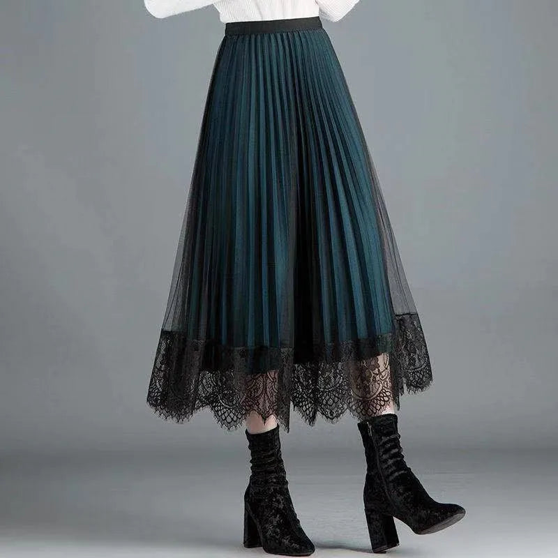 Women's Fashion Pleated Skirt  Elegant Chic Lace Mesh Long Maxi Skirt Female Elastic High Waist A Line Skirts