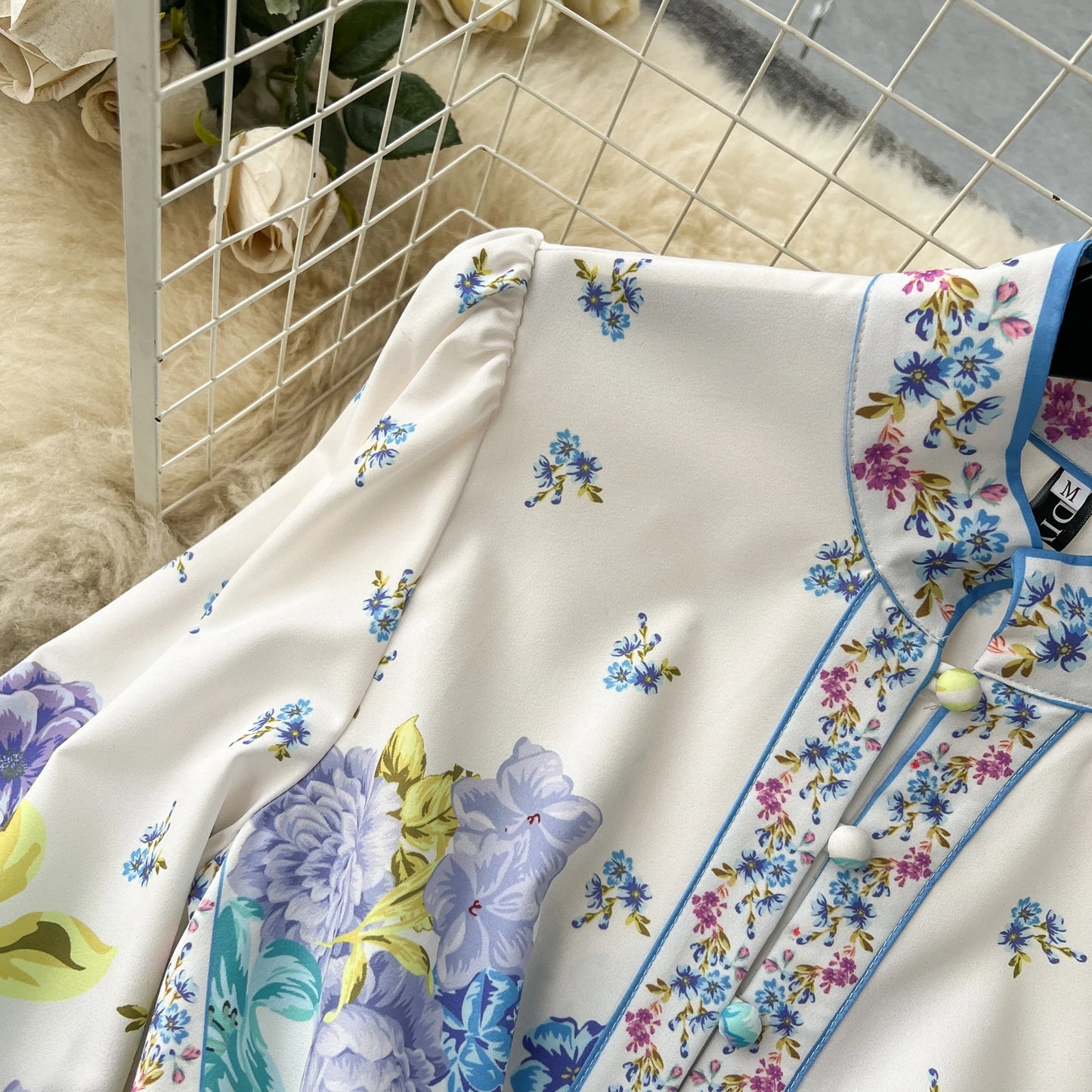 Court Style Spring Women Clothing Print Slim-Fit Long Dress Single-Breasted Puffy Sleeves Office Maxi Dress