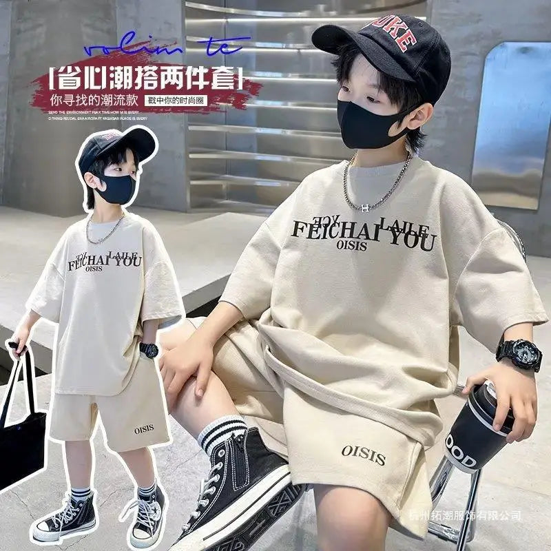 Children 9-12Y Boy Summer Clothes Fashion Short Sleeve Letter Tshirt Top and Short Bottom 2pcs Outfit Teenage Casual Tracksuit