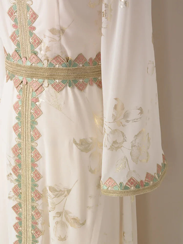 Moroccan Party Dress for Women Muslim Kaftan Belted Embroidery Abaya Ramadan Jalabiya Eid Wedding Evening Dresses Abayas Caftan