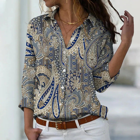 Turn-down Collar Slim Single Breasted Blouses Print Button Shirts Spring Autumn Hot Selling Fashion Women Shirt
