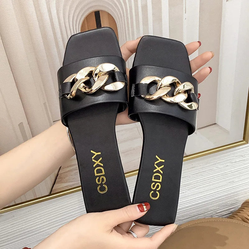 Cute Big Size Women Summer Slipper Square Toe Chain Slippers Slip on Flat Slide Sandals Beach Flip Flops Casual Shoe Ladies