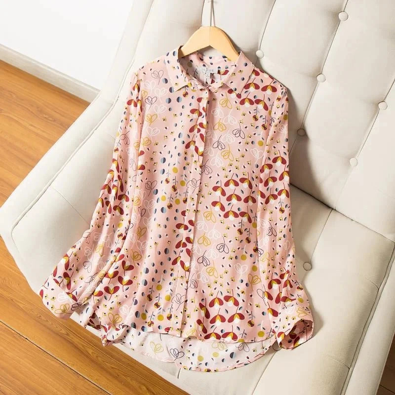 Women Spring Summer Satin blouses Blouses Shirt Lady Casual Long Sleeve Turn-down Collar Print Slim Tops