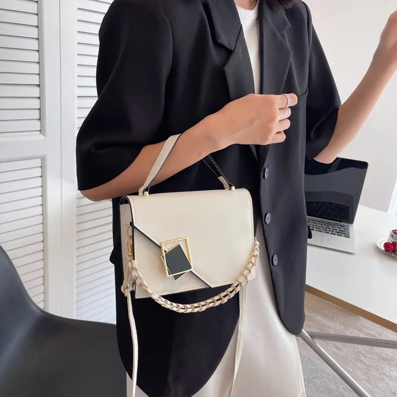Women Square Shoulder Bag Chain Handle Small Handbags Solid Pu Leather Crossbody Bags Western Style Casual Messenger Bag