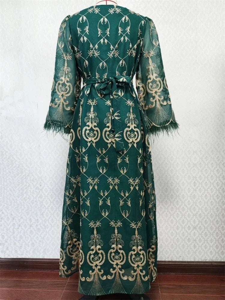 Muslim Ramadan Ethnic Floral Embroidery Beading Feathers Patchwork Long Sleeve V-Neck Dress woman With Sashes Djellaba Abaya