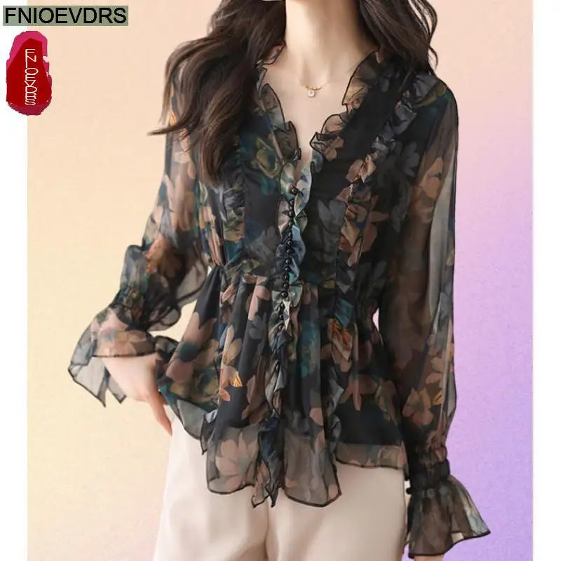 Women Spring Basic Wear Chiffon Shirts  Chic Design Retro Vintage Button Flower Peplum Belly Ruffles Tops Blouses
