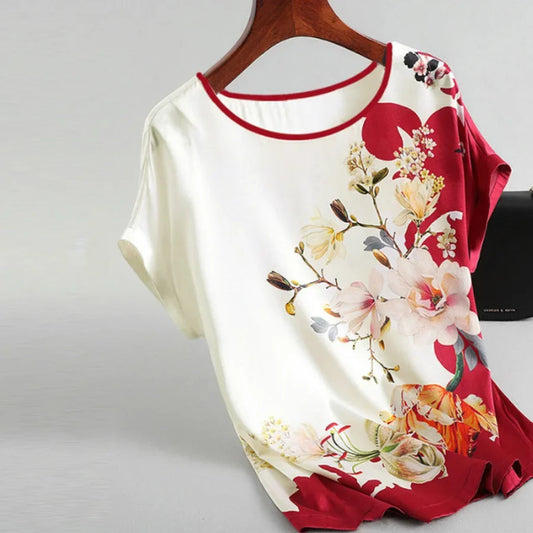Floral Print Blouse Pullover Ladies Silk Satin Plus Size Batwing Sleeve Vintage T-shirt Casual Short Sleeve Tops