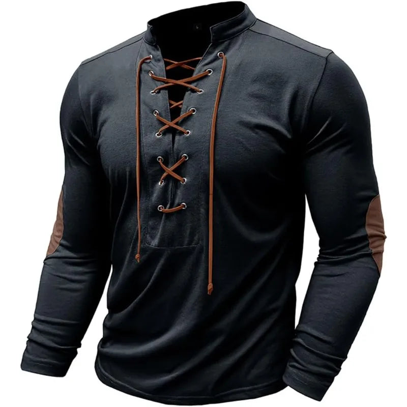 Men's Cotton Linen Henley Shirt Muscle Lace Up Long Sleeve Stand Collar Big and Tall Tshirts Casual Pullover Henley Tee Top
