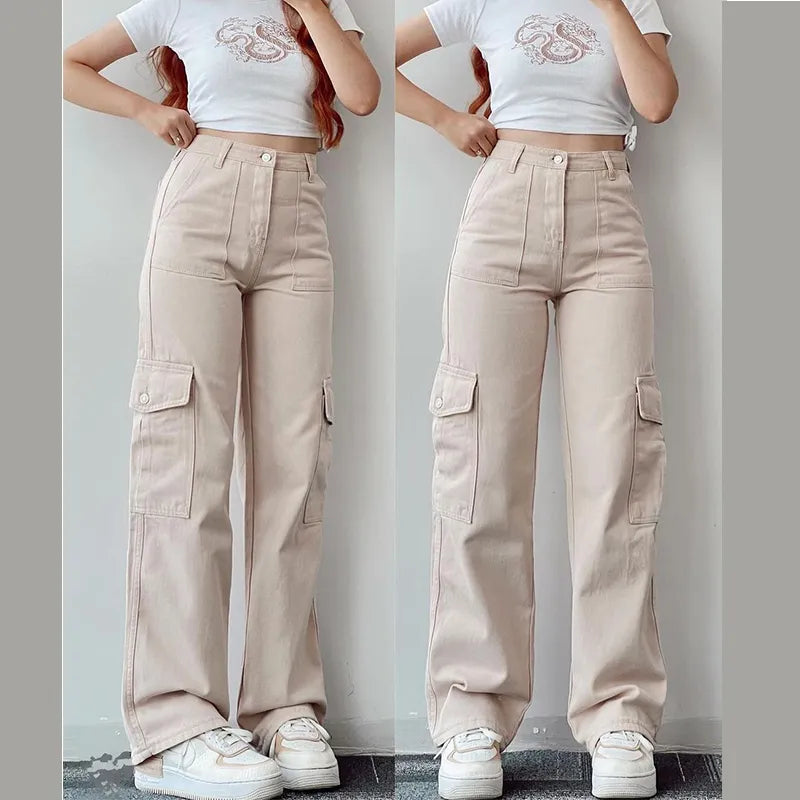 Straight Cargo Pants Women High Waist Baggy Trousers Wide Leg Casual Slim Vintage Streetwear Pocket Fashion Casual Pants